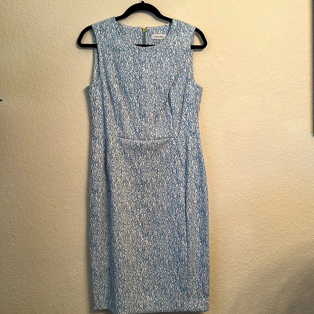 Calvin Klein, size 12, blue and white print sleeveless sheath dress. Like new.